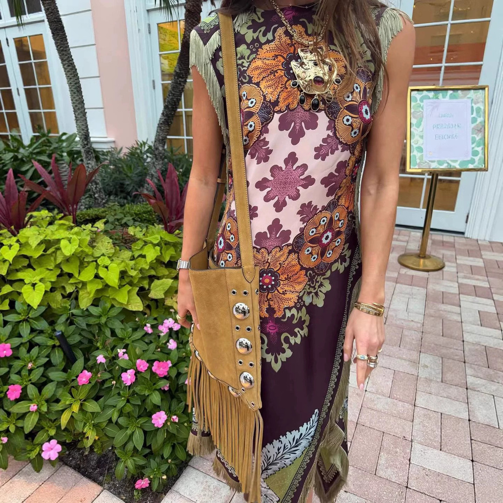 ZARA Spring Irregular Fringe Cross Retro Versatile Chinese Style Dress